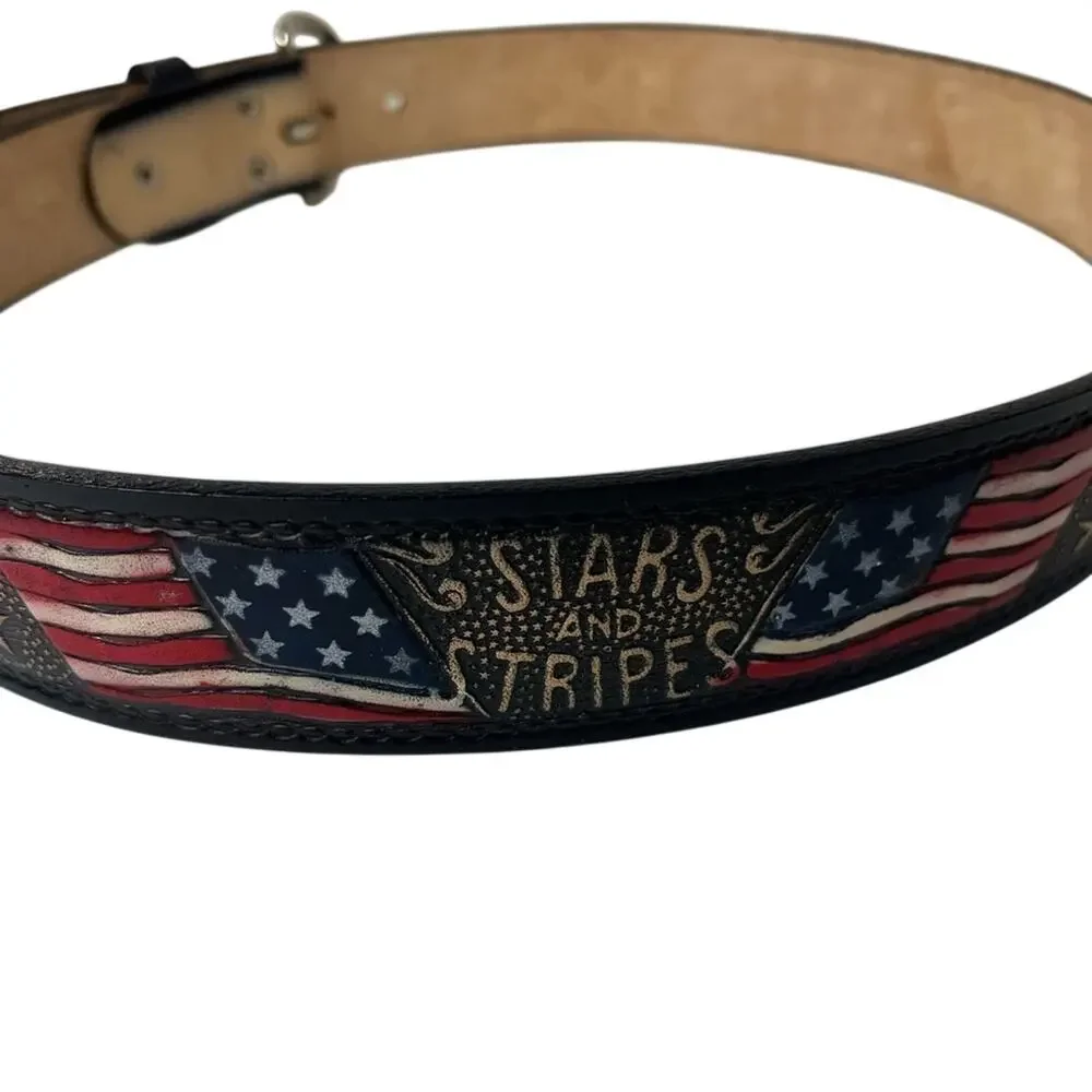 Western Express Mens Tooled Leather Belt 32 34 Stars Stripes USA Flag